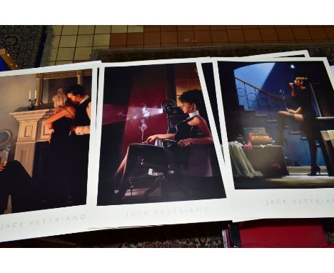 JACK VETTRIANO (SCOTTISH 1958), eight open Edition poster prints, comprising 'Dancer for Money' (2), 'Imperfect Past' (2) and