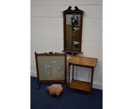 AN EDWARDIAN MAHOGANY AND STRUNG RECTANGULAR WALL MIRROR, 46cm x 99cm (s.d.), a Victorian mahogany wavy triangular footstool 