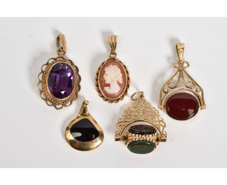 A SELECTION OF FIVE 9CT GOLD PENDANTS, to include two scroll detailed swivel fobs set with semi precious stone panels, such a