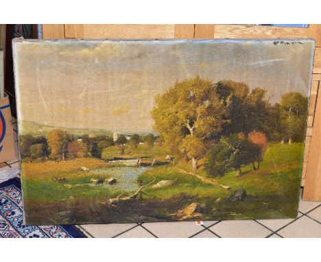 A LATE 19TH CENTURY LANDSCAPE, oil on canvas, indistinctly signed, dated (18)91 bottom right, unframed, approximate size 60cm