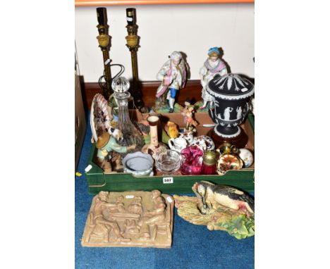 A BOX OF VICTORIAN AND LATER CERAMICS, GLASSWARE AND LOOSE ITEMS, including a pair of table lamps, a Wedgwood black dip jaspe