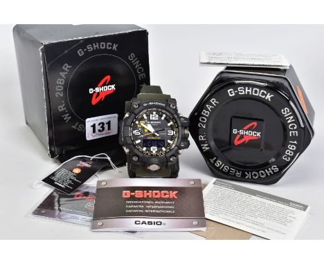 A CASIO G-SHOCK MUDMASTER WRISTWATCH, black multifunctional dial with quarterly Arabic numerals, fitted with a dark green rub