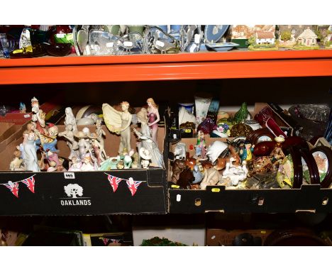 FOUR BOXES OF CERAMICS AND METALWARES, including china and resin lady figurines, USSR bear figures, Sylvac face pots, Cottage