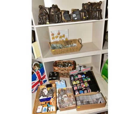 FOUR PAIRS OF MODERN NOVELTY BOOK ENDS, a small display of novelty rabbit magnets, a basket of Rainbow Designs Winnie The Poo
