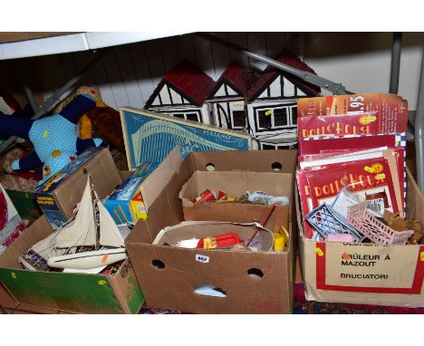 FIVE BOXES AND LOOSE TOYS, DOLLS HOUSE, GAMES, SOFT TOYS, YACHTS, etc, to include 'Dolls House Step By Step' magazines, child