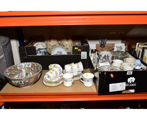 TWO BOXES OF CERAMICS AND LOOSE, including a modern Chinese famille rose bowl, Royal Worcester Kentmere pattern part tea set,