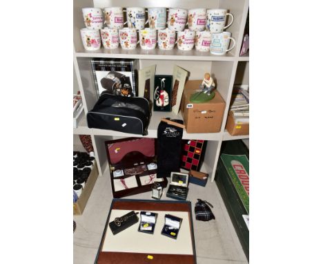 FIFTEEN BOOFLE MUGS to include extra special husband, daughter, sister... etc, boxed case of 'Complete Golfing Essentials' no