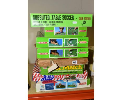 SIX BOXED SUBBUTEO AND TWO OTHER BOXED GAMES, including Continental Club Edition, complete USA 94, Euro 96, Peter Pan Test Ma
