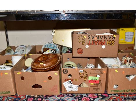 TEN BOXES AND LOOSE KITCHEN RELATED ITEMS, NOVELTY PRESERVE POTS, etc, to include Moria Pottery game dish (rabbit head atop),