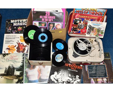 TWO BOXES OF SINGLES AND L.P'S, to include Abba, Supremes, etc, together with a Fidelity record player
