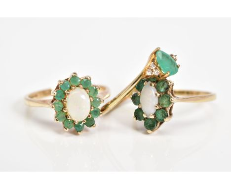 THREE 9CT GOLD EMERALD SET RINGS, the first of cluster design set with an oval cut opal and circular cut emerald surround, wi