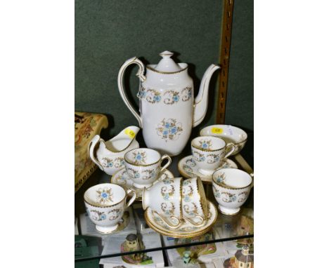 A ROYAL CROWN DERBY 'BLUE PIMPERNEL' SIX PLACE COFFEE SET, comprising six cups, six saucers, milk, sugar and coffee pot, red 