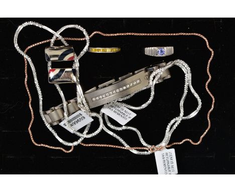 A SELECTION OF ITEMS, to include two alternate margarita chains, stamped 925, a rose coloured snake chain, stamped 925, two s