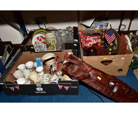 THREE BOXES OF CERAMICS, GLASSWARE, TREEN, METALWARE ETC, including an African tribal mask, two large Royal Doulton character