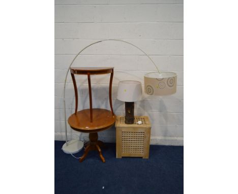 A MODERN CHERRYWOOD OCCASIONAL TABLE, together with a demi lune hall table, a modern floor lamp, a tree trunk style table lam