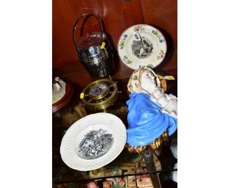 TWO VICTORIAN POTTERY NURSERY PLATES, one titled 'Arabian Nights' together with a chrome biscuit barrel and cover, ships whee