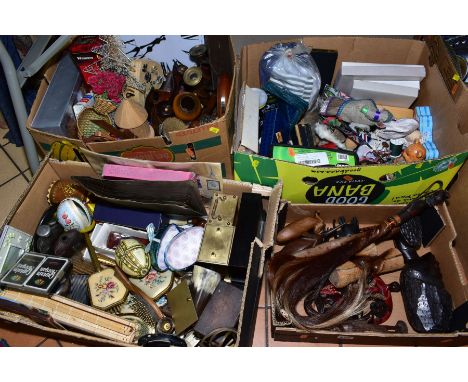 FOUR BOXES AND LOOSE SUNDRY ITEMS, to include tourist tribal items (carved busts, etc), wall clock, two fishing rods, various