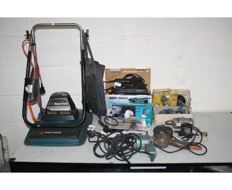 A COLLECTION OF VINTAGE AND MODERN POWER TOOLS, including a Black &amp; Decker HS1 lawn mower (untested no cable), a Black &a