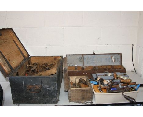 TWO VINTAGE WOODEN TOOLBOXES, a plastic toolbox and a tray containing tools, including a bit and brace, tack hammers, pincers