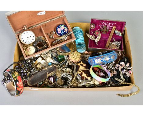 A BOX OF MISCELLANEOUS ITEMS, to include an engine turned white metal lined wooden box with contents such as a grouse foot br