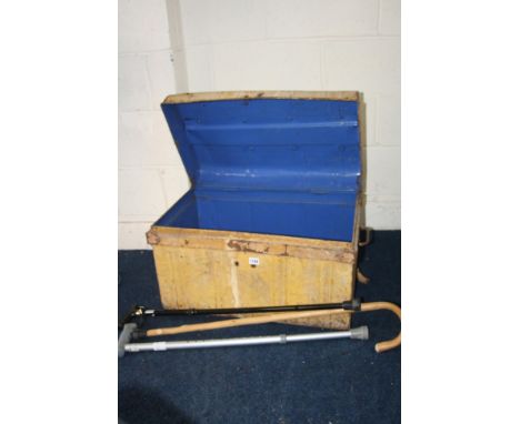 A PAIR OF RUSH SEATED CHAIRS, and five various other cane seated chairs, together with a yellow painted tin trunk and three w