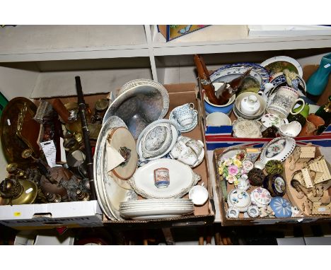 FOUR BOXES OF MISCELLANEOUS ITEMS to include Servia &amp; Sons Victorian dinner wares, four Royal Albert 'Hawthorn' cup and s
