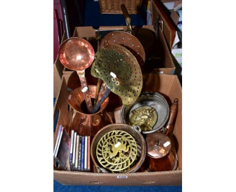 TWO BOXES OF COPPER, BRASS, C.D'S, DRESSING TABLE TRAYS, etc, including modern photograph frames, glass candle holder, small 
