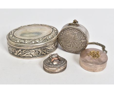 FOUR VARIOUS WHITE METAL/SILVER BOXES, comprising an oval box with hinged lid, stamped 800 to the base, oval length 9.5cm, a 