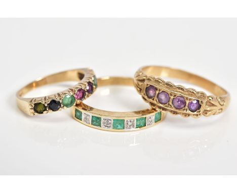 THREE 9CT GOLD GEM SET RINGS, to include a gemstone set dearest ring, hallmark rubbed, ring size F, an emerald and single cut