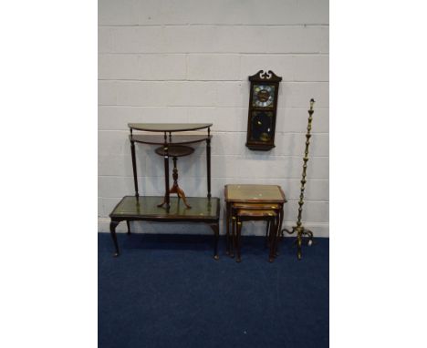 A MAHOGANY BROWN LEATHER TOPPED NEST OF THREE TABLES, together with a mahogany rectangular coffee table, half moon hall table