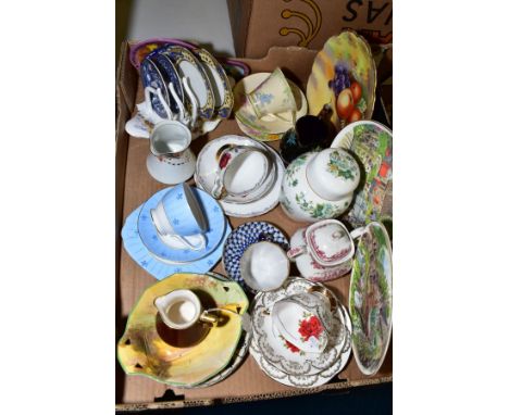 A BOX OF ASSORTED CERAMICS, including trios, Crown Staffordshire ginger jar and cover, Carltonware Rouge Royale jug, Country 