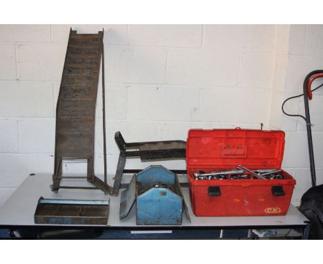 A PAIR OF STEEL CAR RAMPS AND TWO TOOLBOXES OF TOOLS including Britool, King Dick and others spanners, sockets and wrenches (