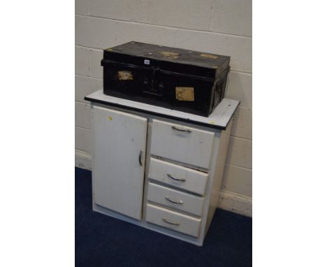 A VINTAGE BLACK PAINTED TIN TRUNK, together with a painted enamel topped kitchen cabinet (2)