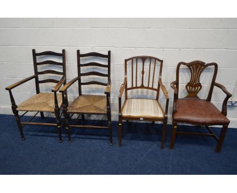 A PAIR OF LATE 19TH CENTURY OAK RUSH SEATED LADDER BACK CHAIRS (sd) together with a Georgian mahogany hepplewhite style back 