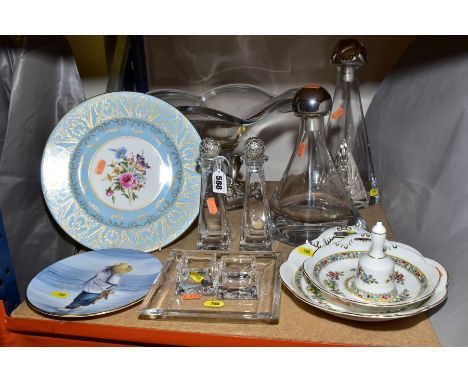 A COLLECTION OF MODERN CERAMICS AND ITALIAN GLASS DECANTERS, COMPORTS, ETC, some with silver mounts, including a comport with