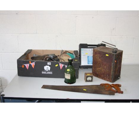 A VINTAGE SHELL FUEL CAN, with brass shell cap and a tray containing hand tools including scrapers, boost cables, an untested