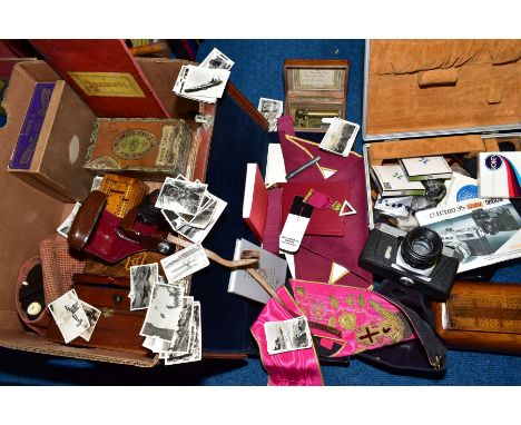 A BOX OF ASSORTED WOODEN BOXES ETC, AND A CASE OF MASONIC REGALIA, to include a small late 19th century musical box, cylinder