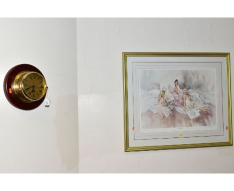 AN S.E.WILLS REPLICA SHIPS CLOCK, metal cased fixed to a wooden surround, battery operated, approximate diameter of clock 16c
