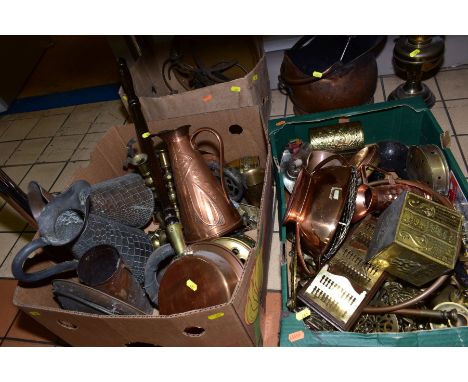 THREE BOXES AND LOOSE COPPER AND BRASSWARES, etc, to include J.S &amp; S Art Nouveau style copper jug, small brass oil lamp, 