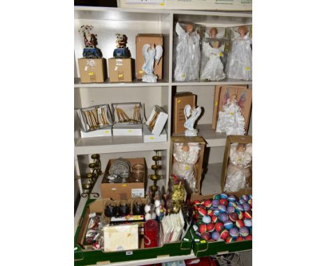 THREE BOXES OF CHRISTMAS TREE DECORATIONS, etc, ten boxed Christmas angel/fairy decorations, metal tea light holders, two box