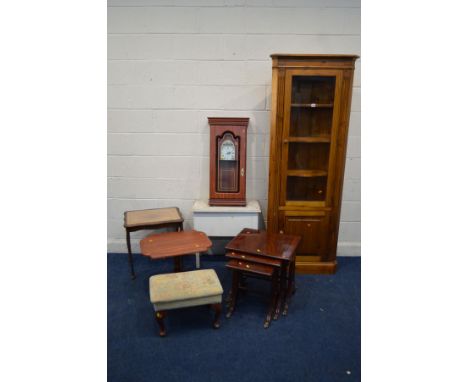A MODERN PINE GLAZED CORNER CUPBOARD, together with a mahogany nest of tables, a modern wall clock, etc (7)