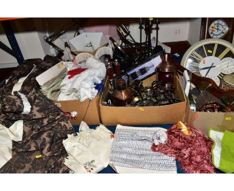 FOUR BOXES OF METALWARES, TABLE LINEN, LOOSE TABLE LAMPS, SHADES AND FIRESIDE ACCESSORIES, including table linen, haberdasher