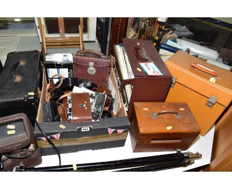 A TRAY CONTAINING VINTAGE CAMERAS AND CINE EQUIPMENT, including two Zeiss Ikon Contaflex Super Cameras both fitted with 50mm 