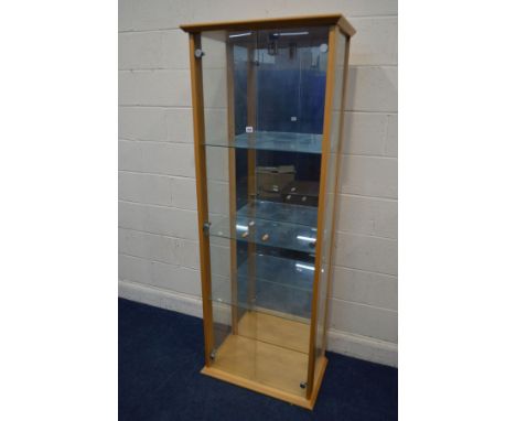 A MODERN BEECH TWO DOOR DISPLAY CABINET, with three glass shelves, with a single light, width 70cm x depth 40cm x height 189c