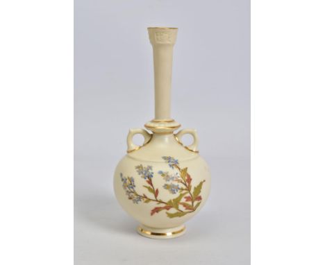 A ROYAL WORCESTER TWIN HANDLED BULBOUS SHAPED BUD VASE, ivory ground, gilt details, printed and tinted with floral sprays, pr