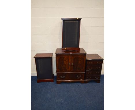 A MODERN MAHOGANY DOUBLE BIFOLD TV CABINET together with a single door hi fi cabinet and a pair of speaker cabinets (4)