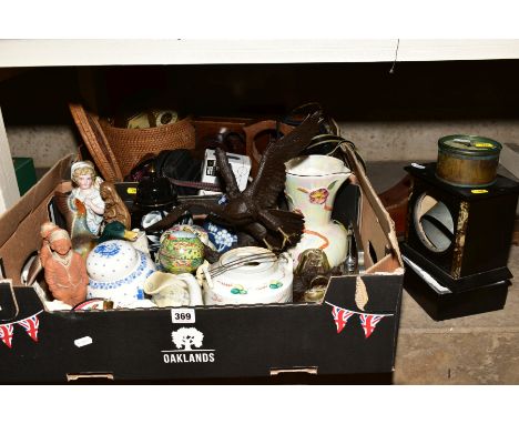 TWO BOXES OF CERAMICS, GLASSWARE, METALWARES, CAMERAS, CLOCKS, etc including wooden and slate clock cases, digital camera, la