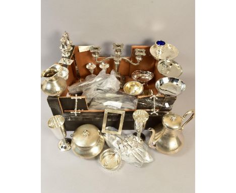 A BOX OF SILVER PLATE, to include a Victorian engine turned three piece coffee service, with caddy/sucrier complete with key,