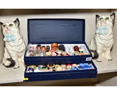 TWO BOXES OF SEWING COTTONS, many vintage on wooden reels, Anchor, Sylvia, Coats, Sylko etc, including modern sewing cottons,