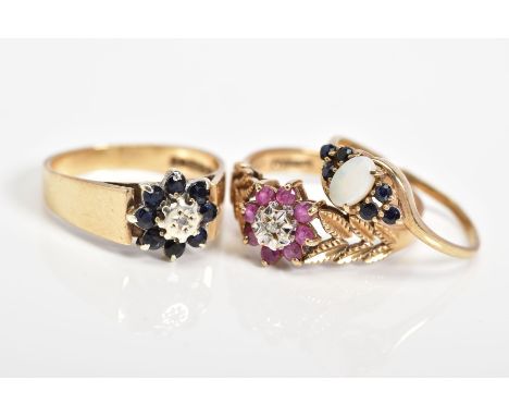 THREE 9CT GOLD GEM SET RINGS, to include a diamond and sapphire cluster ring with a 9ct hallmark for Birmingham, ring size P,